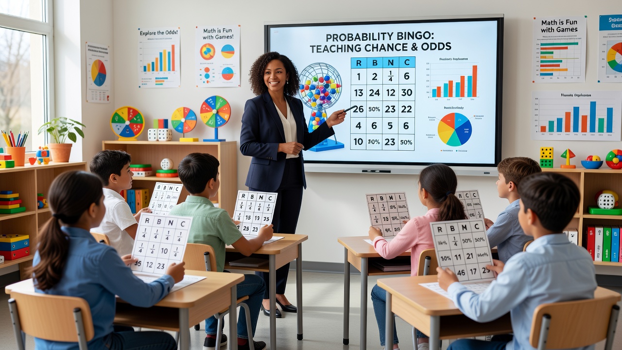 Students participating in a classroom bingo activity designed to illustrate probability calculations and random number outcomes