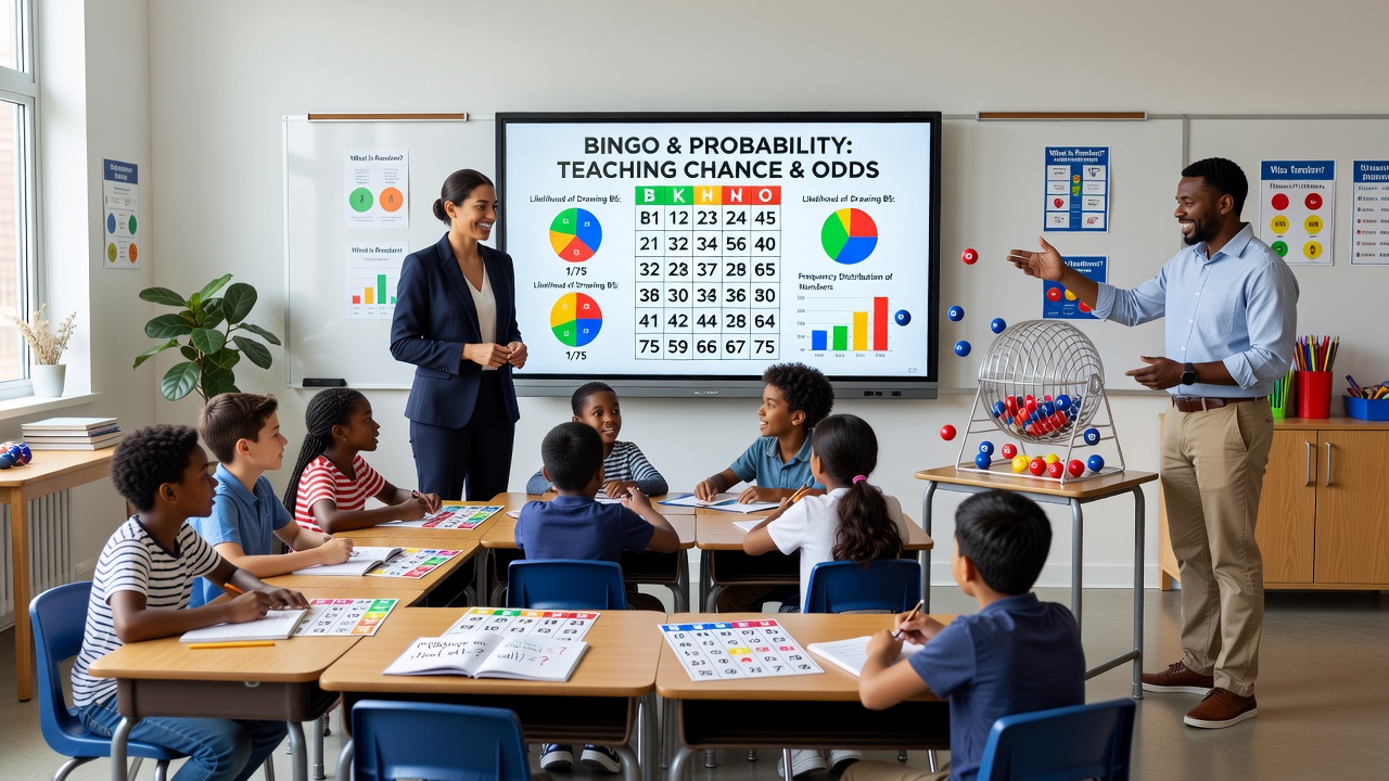 Digital bingo interface displayed on classroom tablets showing probability statistics and outcome tracking for educational use