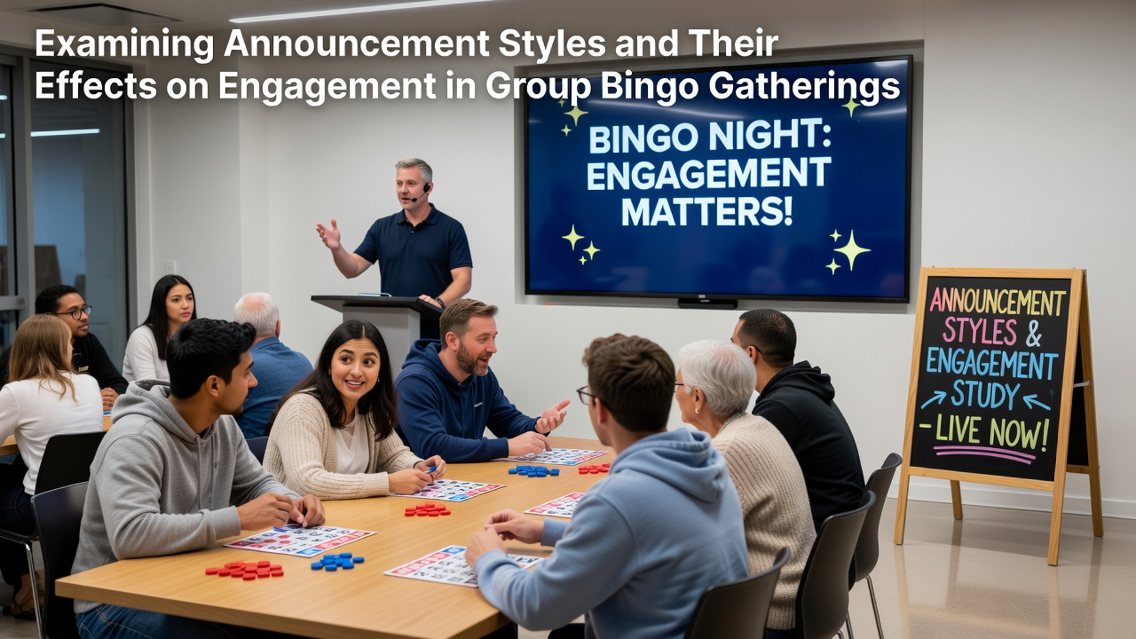 Group of players reacting to a bingo call in a community hall setting