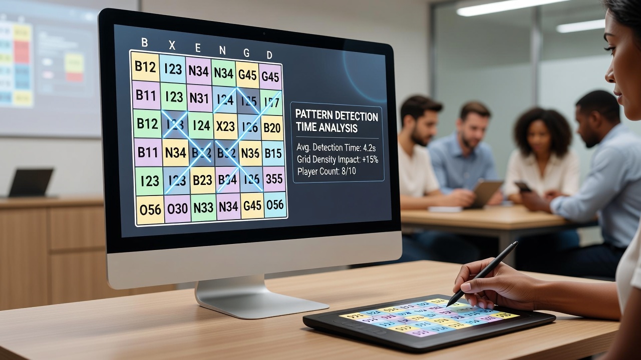 Side-by-side comparison of bingo card grids showing pattern detection highlights in different layouts