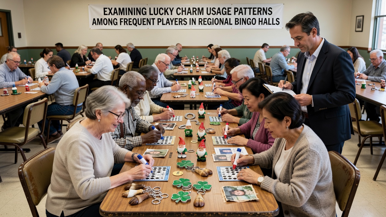 Close-up view of assorted lucky charms placed beside bingo cards during a live session