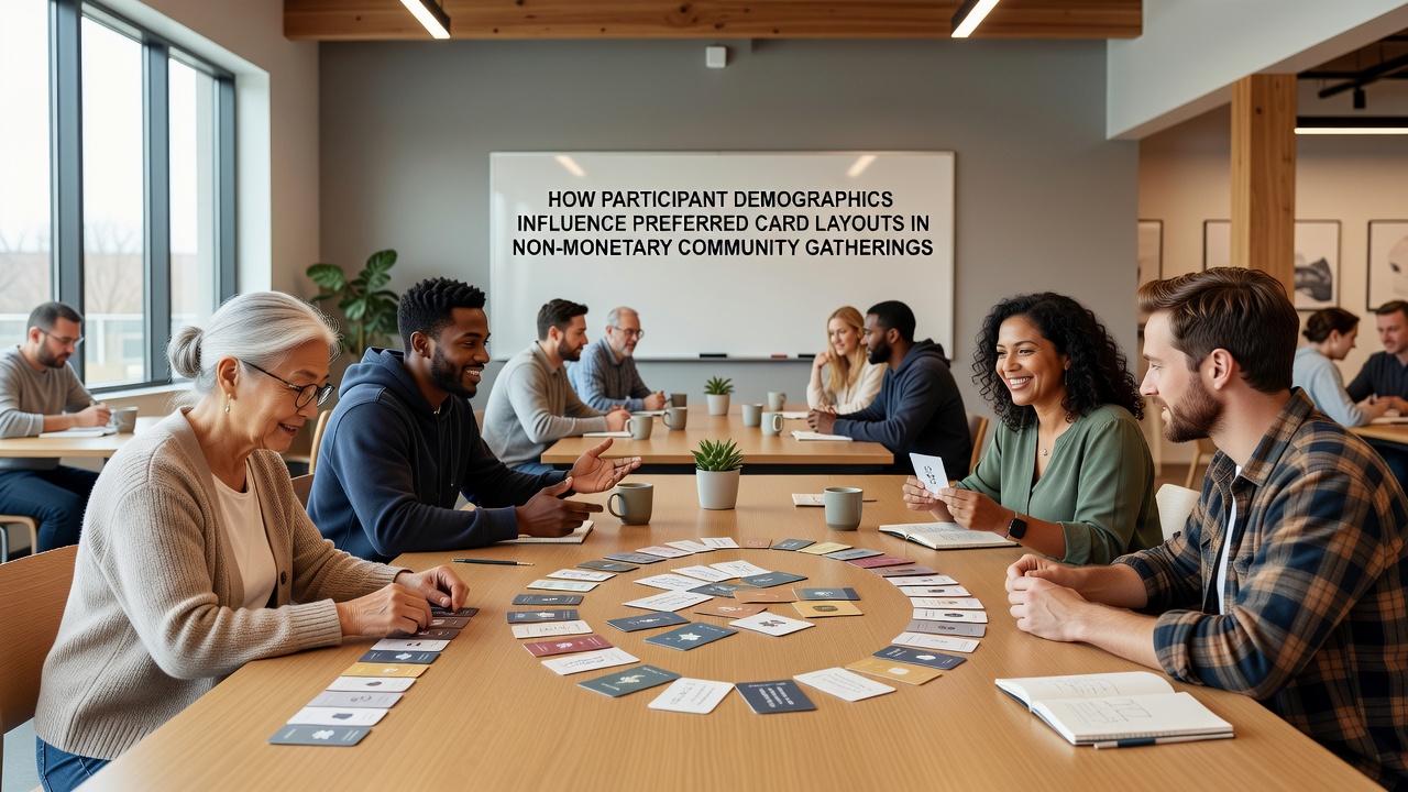 Diverse group of adults reviewing different card arrangements at a community center event
