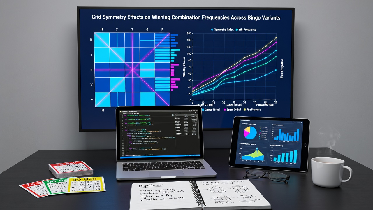 Detailed analysis charts comparing winning combination frequencies in symmetric versus asymmetric bingo grids across variants