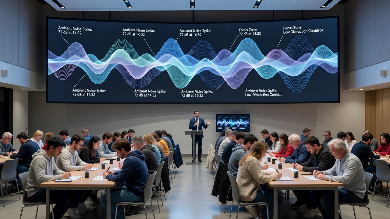 Players seated at bingo tables with visual representation of ambient sound waves affecting different areas of the room