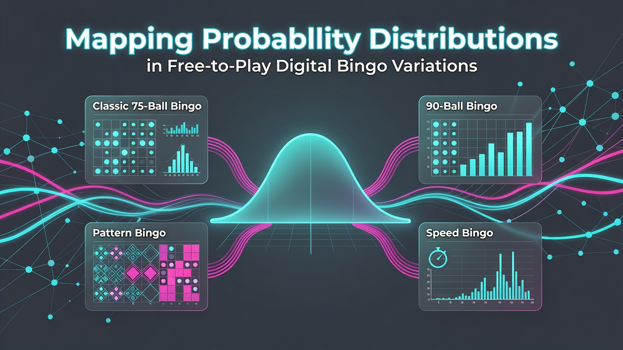Digital bingo interface showing probability distribution charts overlaid on virtual bingo cards during free-to-play sessions