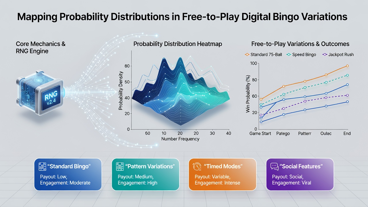 Analytics dashboard displaying mapped probability distributions for various free-to-play bingo pattern types and player volumes