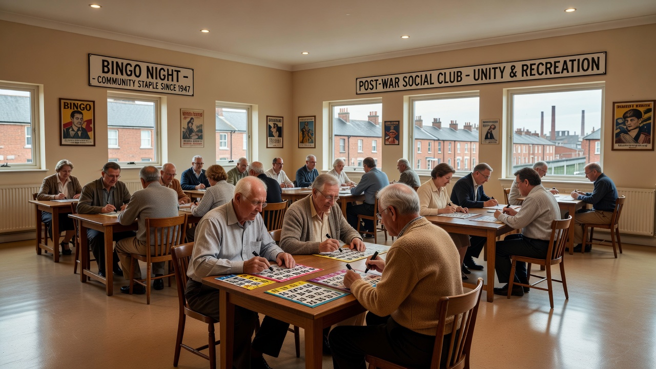 Historic view of a post-war social club hall in an industrial town with members gathered around tables
