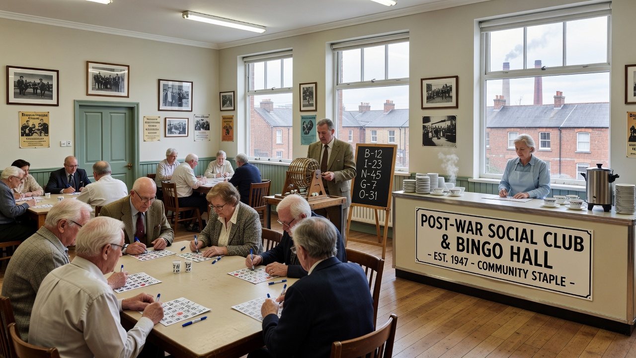 Community members playing bingo inside a traditional industrial town social club during the 1970s