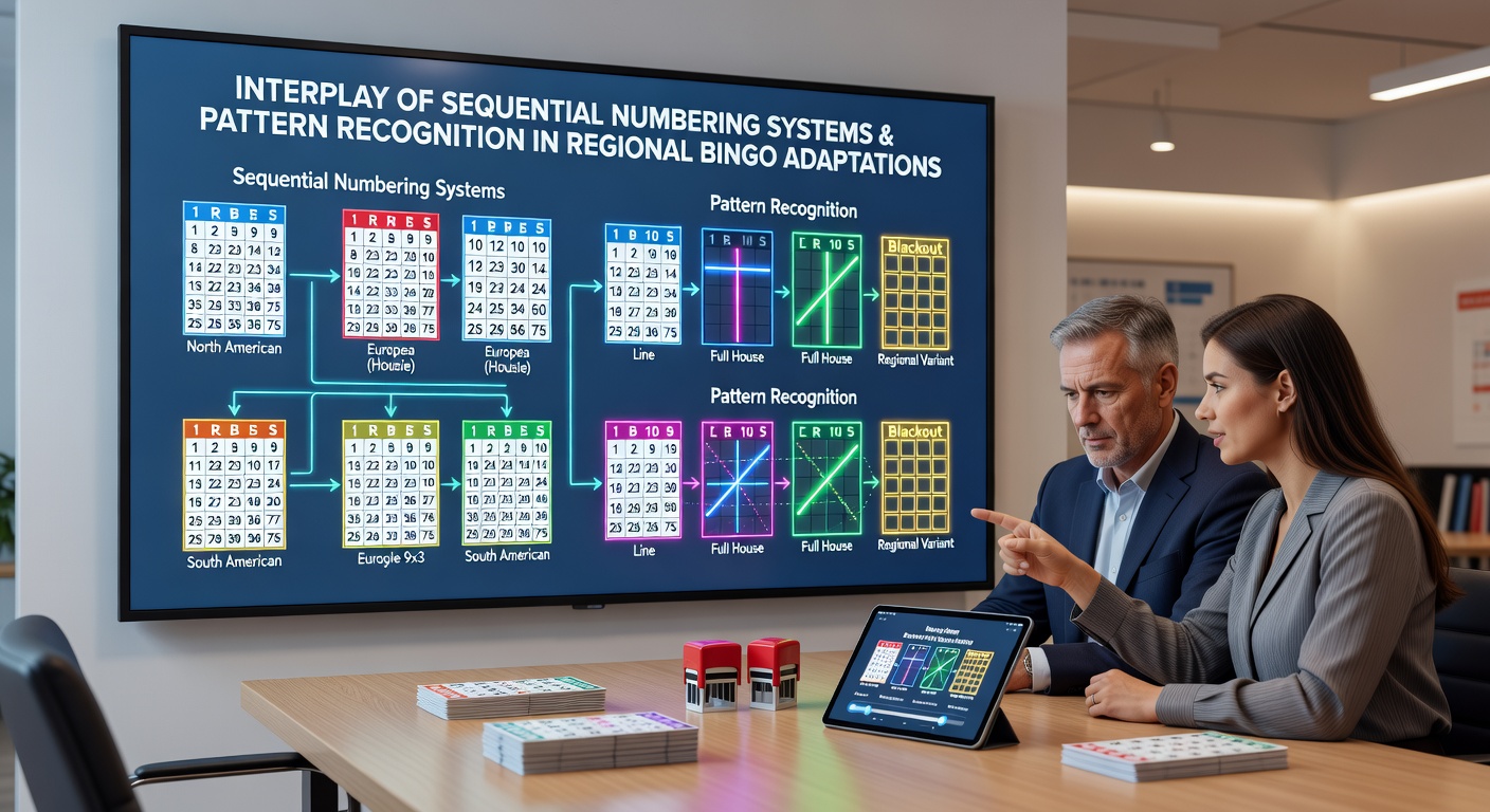 Players examining bingo cards with highlighted sequential patterns in a regional hall setting