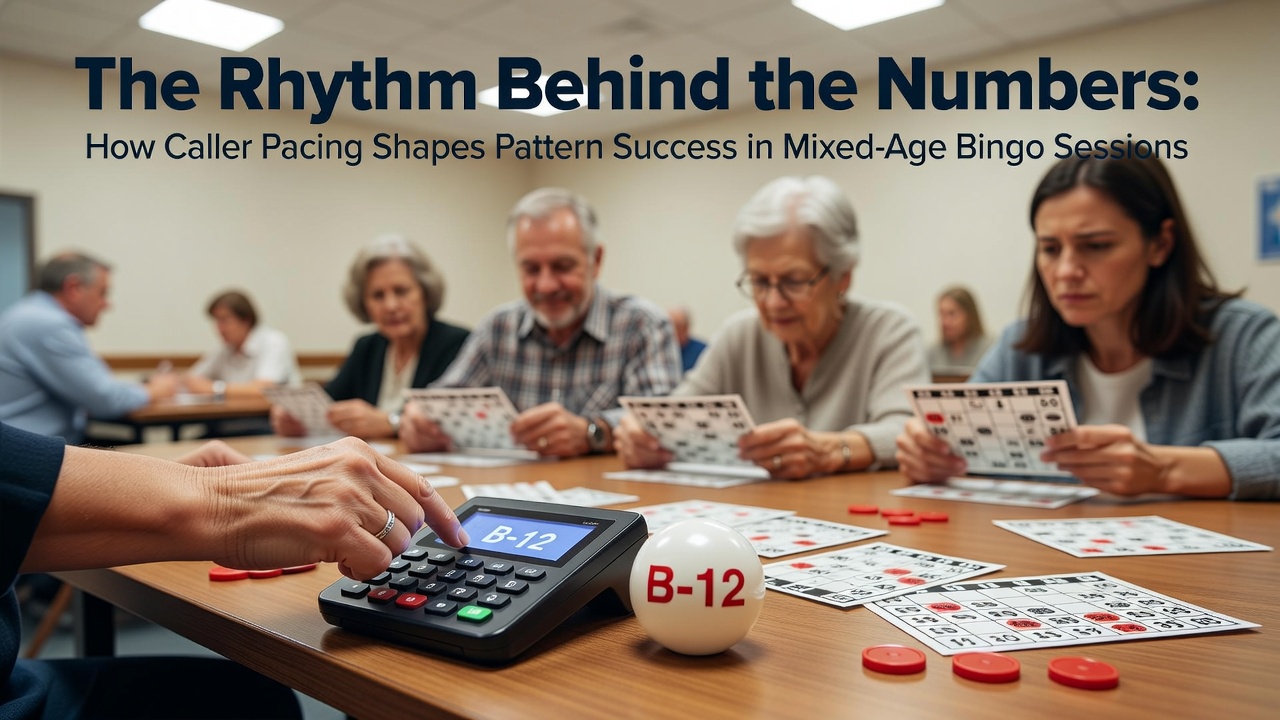 Bingo caller adjusting pace during a mixed-age session with players of varying ages listening attentively