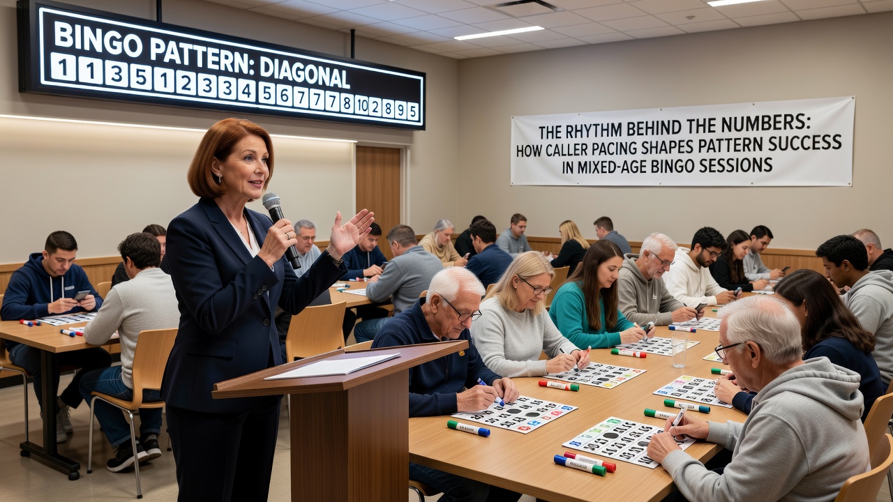 Close-up of bingo cards in a mixed-age hall showing players marking numbers at different speeds